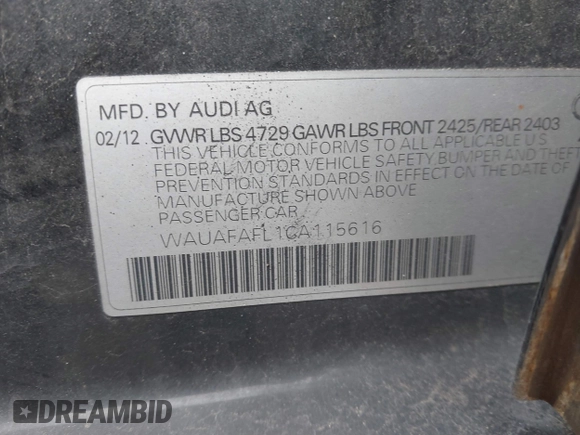 2012 Audi A4 2.0T Premium with VIN WAUAFAFL1CA115616, listed as a IAAI auction lot 41751186 with 186,357 mi miles. Bid and sale history available at carsss.com. Image 9.