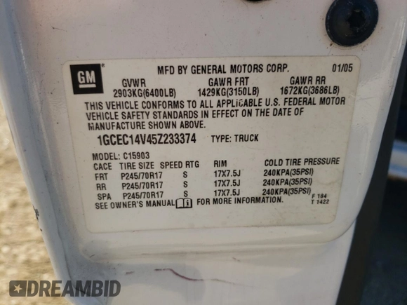 2005 Chevrolet Silverado 1500 Work Truck с VIN 1GCEC14V45Z233374, выставлен на аукционе Copart как лот 73718324 с пробегом 201 140 миль миль и Списание • Salvage title. История ставок и продаж доступна на DreamBid. Изображение 12.