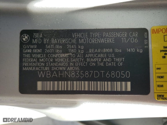 2007 BMW 7 Series 750Li with VIN WBAHN83587DT68050, listed as a Copart auction lot 86164994 with 157,898 mi miles and Salvage Title. Bid and sale history available at carsss.com. Image 12.