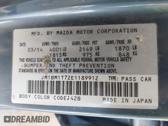 2014 Mazda 3 i SV with VIN JM1BM1T72E1189912, listed as a IAAI auction lot 41937749 with Not Provided miles and . Bid and sale history available at DreamBid. Image 9.