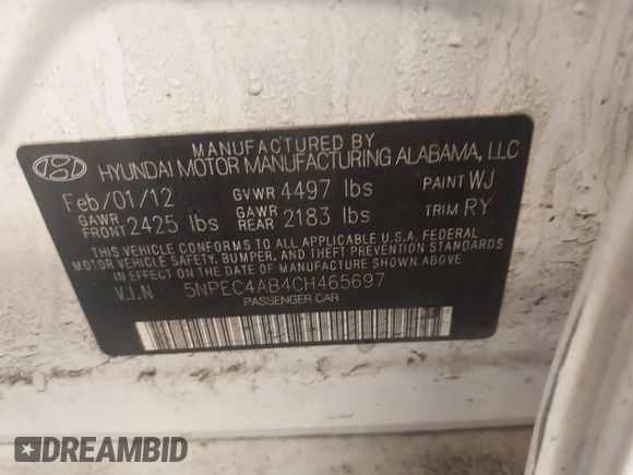 2012 Hyundai Sonata SE with VIN 5NPEC4AB4CH465697, listed as a IAAI auction lot 41955482 with 169,031 mi miles and . Bid and sale history available at DreamBid. Image 9.