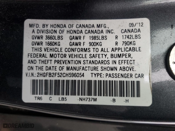 2012 Honda Civic Sdn LX with VIN 2HGFB2F52CH596054, listed as a Copart auction lot 51863005 with 122,426 mi miles and Clean Title. Bid and sale history available at carsss.com. Image 12.
