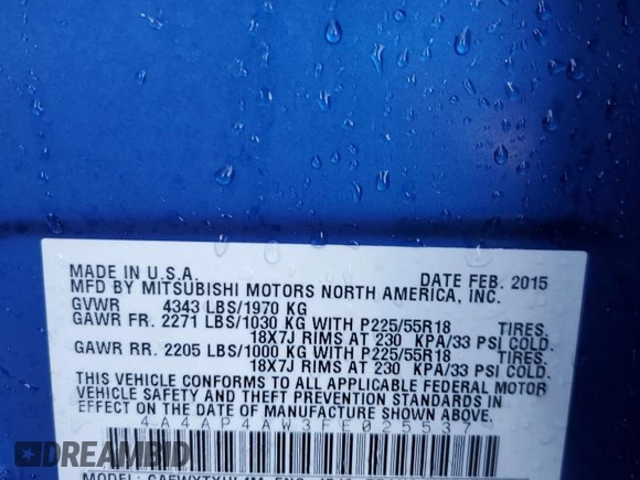 2015 Mitsubishi Outlander Sport 2.4 GT with VIN 4A4AP4AW3FE025537, listed as a Copart auction lot 44140035 with 62,422 mi miles and Salvage Title. Bid and sale history available at carsss.com. Image 13.