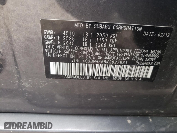 2019 Subaru Legacy Premium with VIN 4S3BNAF68K3027881, listed as a Copart auction lot 71680472 with 60,745 mi miles. Bid and sale history available at carsss.com. Image 12.