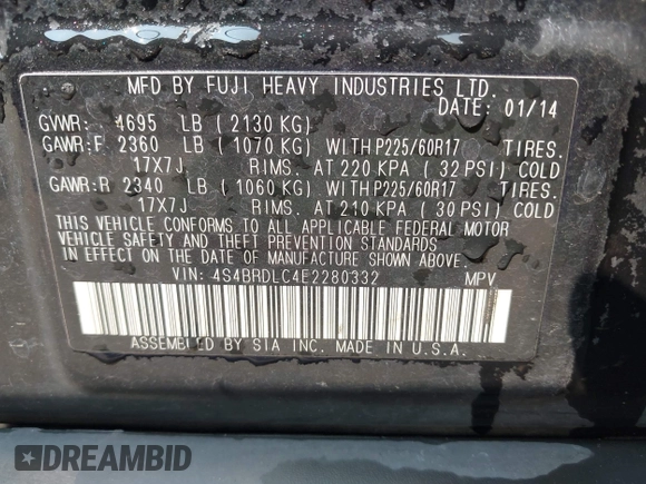 2014 Subaru Outback Limited with VIN 4S4BRDLC4E2280332, listed as a IAAI auction lot 42401656 with 208,997 mi miles and . Bid and sale history available at DreamBid. Image 9.