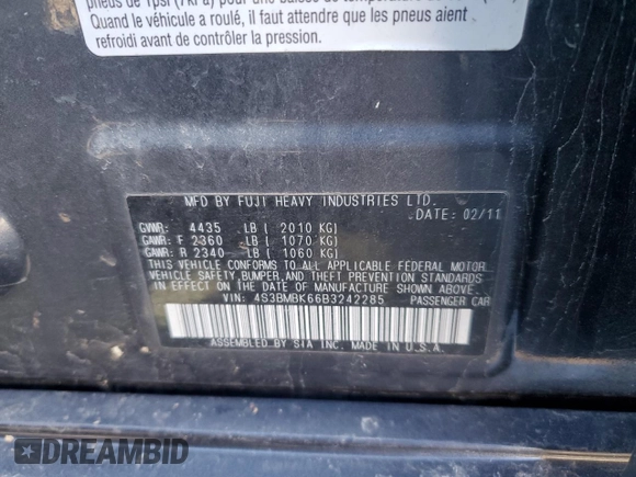 2011 Subaru Legacy 2.5i Ltd Pwr Moon with VIN 4S3BMBK66B3242285, listed as a Copart auction lot 48233545 with 101,526 mi miles and Salvage Title. Bid and sale history available at carsss.com. Image 12.