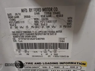 2010 Ford F-150 XL with VIN 1FTFW1EV6AFD40769, listed as a IAAI auction lot 41515740 with 253,234 mi miles. Bid and sale history available at carsss.com. Image 9.