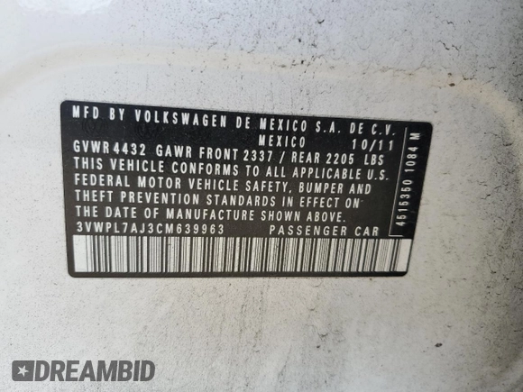 2012 Volkswagen Jetta TDI with VIN 3VWPL7AJ3CM639963, listed as a Copart auction lot 56574645 with 54,633 mi miles and Salvage title. Bid and sale history available at DreamBid. Image 12.