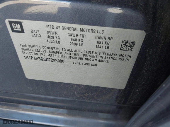2013 Chevrolet Cruze LS with VIN 1G1PA5SG8D7298080, listed as a IAAI auction lot 42004205 with 127,834 mi miles. Bid and sale history available at carsss.com. Image 9.