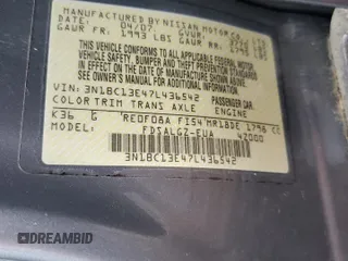 2007 Nissan Versa SL с VIN 3N1BC13E47L436542, выставлен на аукционе Copart как лот 58562845 с пробегом 66 609 миль миль и Списание • Salvage title. История ставок и продаж доступна на DreamBid. Изображение 12.