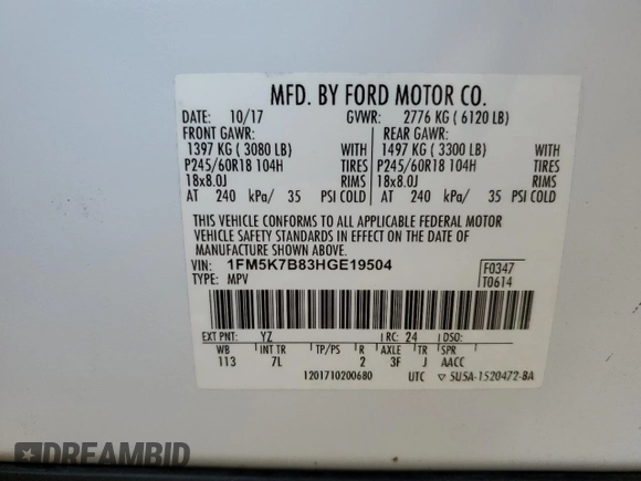 2017 Ford Explorer with VIN 1FM5K7B83HGE19504, listed as a Copart auction lot 61538355 with 68,793 mi miles and Salvage title. Bid and sale history available at DreamBid. Image 13.
