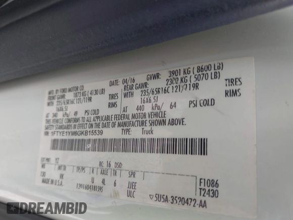2016 Ford Transit Cargo with VIN 1FTYE1YM6GKB15539, listed as a IAAI auction lot 42228687 with 326,338 mi miles and . Bid and sale history available at DreamBid. Image 9.
