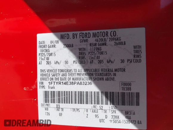 2008 Ford Ranger XLT Appearance with VIN 1FTYR14E38PA83236, listed as a IAAI auction lot 41992341 with Not Provided miles and . Bid and sale history available at DreamBid. Image 9.