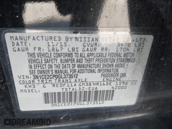2016 Nissan Note SV with VIN 3N1CE2CP0GL373512, listed as a IAAI auction lot 42094701 with 70,470 mi miles and . Bid and sale history available at DreamBid. Image 9.