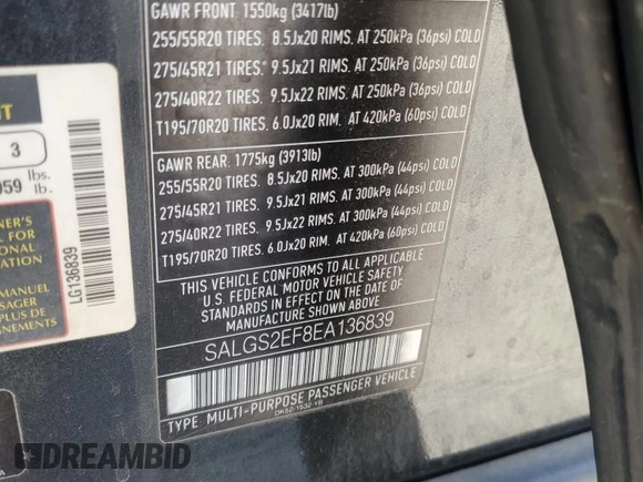 2014 Land Rover Range Rover Supercharged with VIN SALGS2EF8EA136839, listed as a Copart auction lot 63376285 with 208,467 mi miles and Clean title. Bid and sale history available at DreamBid. Image 13.