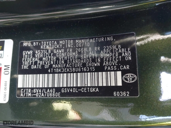 2011 Toyota Camry LE with VIN 4T1BK3EK5BU616315, listed as a IAAI auction lot 41309517 with 150,499 mi miles. Bid and sale history available at carsss.com. Image 9.