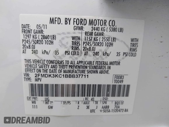 2011 Ford Edge Limited z VIN 2FMDK3KC1BBB37711, wystawiony jako IAAI lot #42348267 z przebiegiem 92 672 mil mil oraz . Historia ofert i sprzedaży dostępna na DreamBid. Obrazek 9.