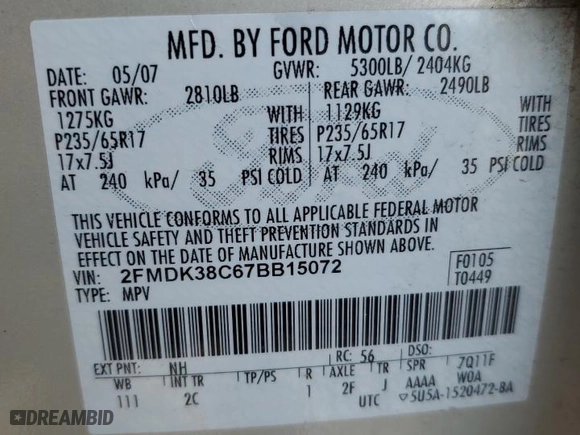 2007 Ford Edge SEL with VIN 2FMDK38C67BB15072, listed as a Copart auction lot 46146245 with 202,310 mi miles and Salvage Title. Bid and sale history available at carsss.com. Image 14.