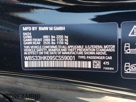 2025 BMW M4 Competition xDrive with VIN WBS33HK09SCS59001, listed as a Copart auction lot 75733354 with 0 mi miles and Salvage Title. Bid and sale history available at carsss.com. Image 14.