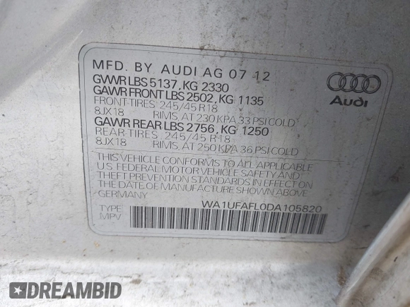 2013 Audi allroad A4 Premium Plus z VIN WA1UFAFL0DA105820, wystawiony jako IAAI lot #42095816 z przebiegiem 213 368 mil mil oraz . Historia ofert i sprzedaży dostępna na DreamBid. Obrazek 9.