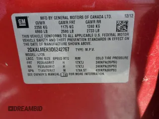 2013 GMC Terrain SLE z VIN 2GKALMEK9D6242767, wystawiony jako Copart lot #64373595 z przebiegiem 69 977 mil mil oraz Szkoda całkowita • Salvage title. Historia ofert i sprzedaży dostępna na DreamBid. Obrazek 13.