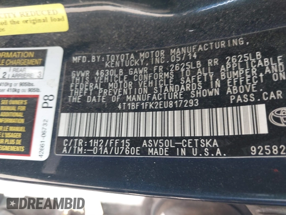 2014 Toyota Camry L with VIN 4T1BF1FK2EU817293, listed as a IAAI auction lot 41882906 with 189,719 mi miles. Bid and sale history available at carsss.com. Image 9.