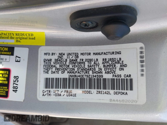 2009 Toyota Corolla with VIN 1NXBU40E79Z134599, listed as a IAAI auction lot 42035077 with 154,051 mi miles. Bid and sale history available at carsss.com. Image 9.