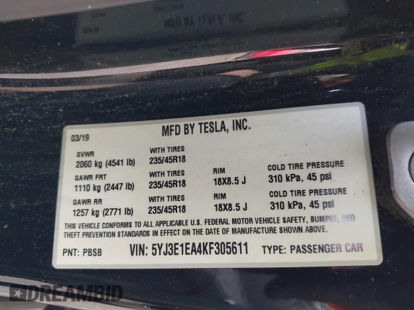 2019 Tesla Model 3 Mid Range with VIN 5YJ3E1EA4KF305611, listed as a IAAI auction lot 41916738 with 59,101 mi miles and . Bid and sale history available at carsss.com. Image 9.