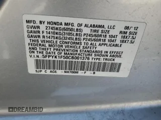 2012 Honda Ridgeline RTL with VIN 5FPYK1F50CB001376, listed as a Copart auction lot 66402154 with 166,481 mi miles and Salvage Title. Bid and sale history available at carsss.com. Image 12.