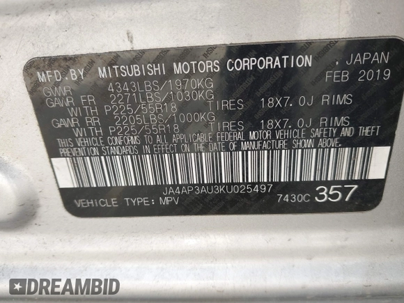 2019 Mitsubishi Outlander Sport ES 2.0 with VIN JA4AP3AU3KU025497, listed as a IAAI auction lot 41796144 with 96,704 mi miles. Bid and sale history available at carsss.com. Image 9.