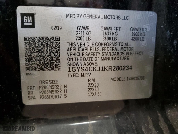 2019 Cadillac Escalade Premium Luxury with VIN 1GYS4CKJ1KR280234, listed as a Copart auction lot 88693985 with 94,924 mi miles and Salvage Title. Bid and sale history available at carsss.com. Image 14.