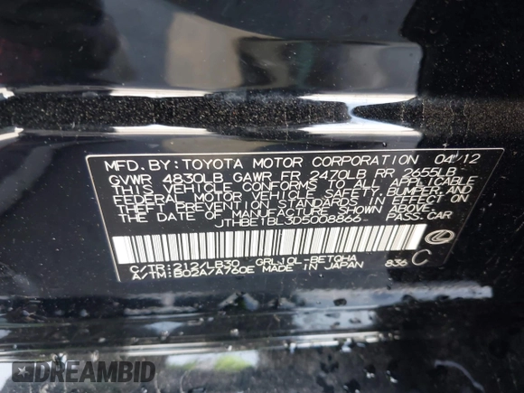 2013 Lexus GS 350 with VIN JTHBE1BL3D5008866, listed as a IAAI auction lot 41598986 with 115,617 mi miles and . Bid and sale history available at carsss.com. Image 9.