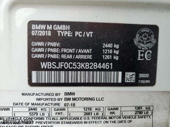 2019 BMW M5 with VIN WBSJF0C53KB284461, listed as a Copart auction lot 85320354 with 0 mi miles and Salvage Title. Bid and sale history available at carsss.com. Image 13.