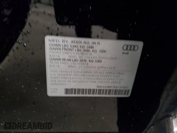 2015 Audi Q5 Premium Plus with VIN WA1LFAFP1FA137967, listed as a Copart auction lot 60978655 with 100,652 mi miles and Salvage title. Bid and sale history available at DreamBid. Image 13.
