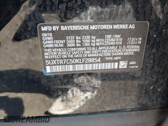 2019 BMW X3 sDrive30i z VIN 5UXTR7C50KLF28854, wystawiony jako IAAI lot #41907021 z przebiegiem 48 405 mil mil oraz . Historia ofert i sprzedaży dostępna na DreamBid. Obrazek 9.