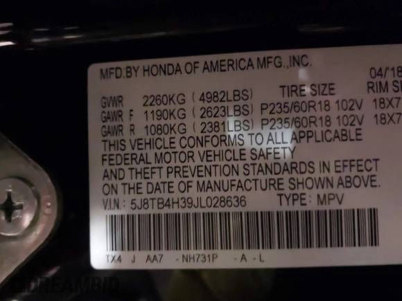 2018 Acura RDX with VIN 5J8TB4H39JL028636, listed as a IAAI auction lot 41285319 with 63,657 mi miles. Bid and sale history available at carsss.com. Image 9.