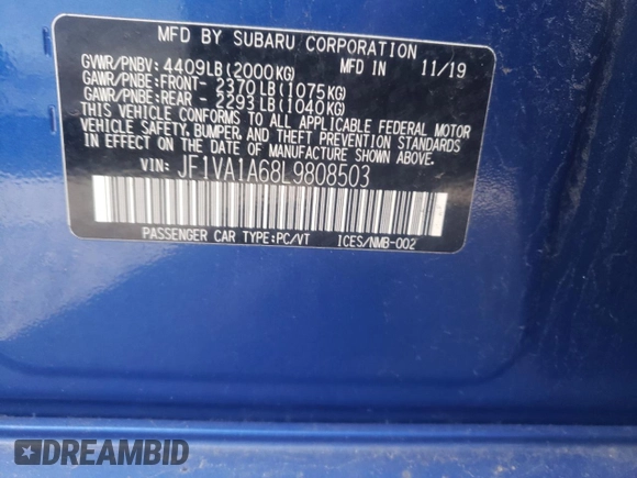 2020 Subaru WRX with VIN JF1VA1A68L9808503, listed as a Copart auction lot 37304403 with 43,886 mi miles. Bid and sale history available at carsss.com. Image 13.