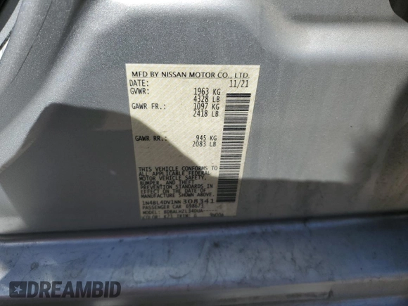 2022 Nissan Altima SV z VIN 1N4BL4DV1NN308341, wystawiony jako Copart lot #54183605 z przebiegiem 67 310 mil mil oraz Szkoda całkowita • Salvage title. Historia ofert i sprzedaży dostępna na DreamBid. Obrazek 12.