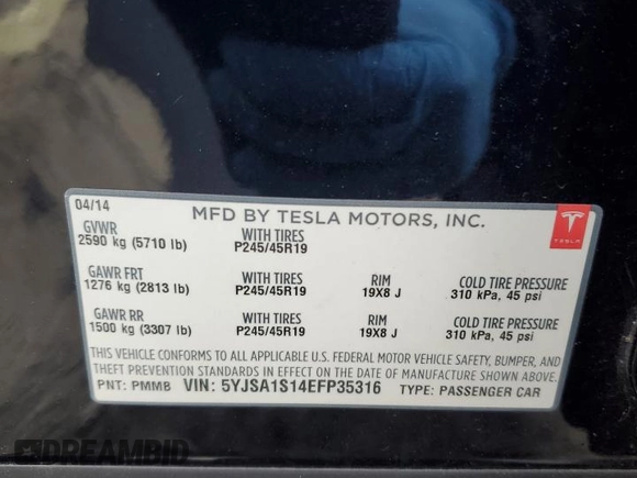 2014 Tesla Model S 60 with VIN 5YJSA1S14EFP35316, listed as a Copart auction lot 45397015 with 78,858 mi miles and Salvage title. Bid and sale history available at DreamBid. Image 13.