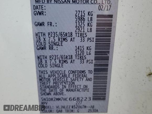2017 Nissan Pathfinder SL with VIN 5N1DR2MM7HC668223, listed as a Copart auction lot 60263695 with 83,596 mi miles and Clean title. Bid and sale history available at DreamBid. Image 12.
