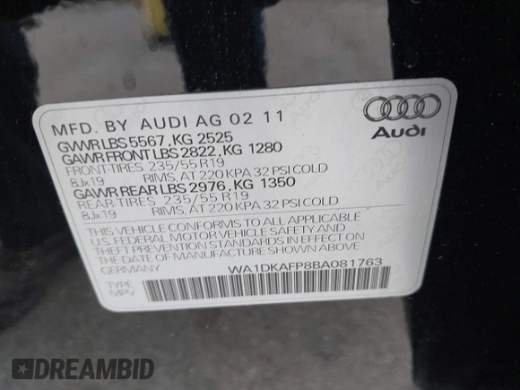 2011 Audi Q5 Premium Plus z VIN WA1DKAFP8BA081763, wystawiony jako IAAI lot #42343565 z przebiegiem 106 193 mil mil oraz . Historia ofert i sprzedaży dostępna na DreamBid. Obrazek 9.