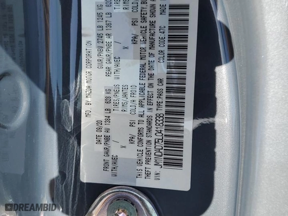 2020 Mazda MX-5 Miata Grand Touring with VIN JM1NDAD75L0418338, listed as a Copart auction lot 43420545 with NaN miles and Salvage Title. Bid and sale history available at carsss.com. Image 12.
