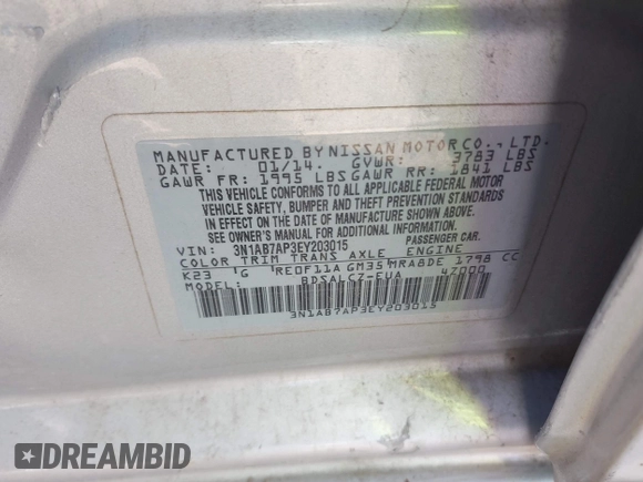 2014 Nissan Sentra SV with VIN 3N1AB7AP3EY203015, listed as a IAAI auction lot 41966401 with 137,269 mi miles and . Bid and sale history available at DreamBid. Image 9.