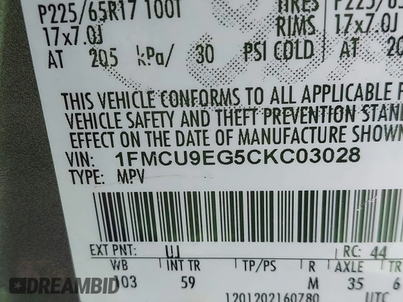 2012 Ford Escape Limited с VIN 1FMCU9EG5CKC03028, выставлен на аукционе IAAI как лот 42614497 с пробегом 180 223 миль миль и . История ставок и продаж доступна на DreamBid. Изображение 9.