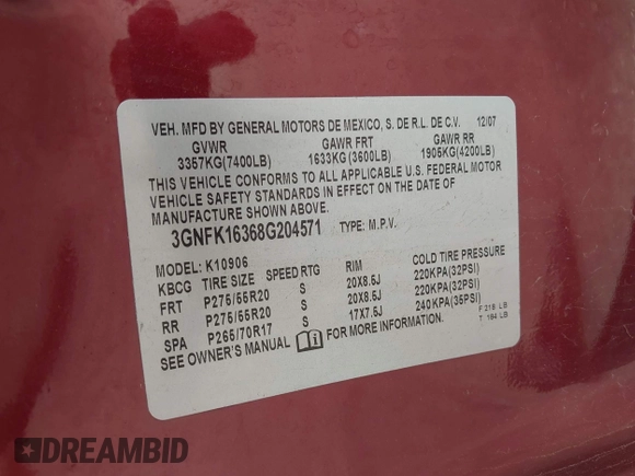 2008 Chevrolet Suburban LTZ z VIN 3GNFK16368G204571, wystawiony jako IAAI lot #42409971 z przebiegiem 196 180 mil mil oraz . Historia ofert i sprzedaży dostępna na DreamBid. Obrazek 9.