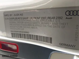 2019 Audi A4 Premium with VIN WAUGMAF40KA036963, listed as a IAAI auction lot 41061853 with 1 mi miles. Bid and sale history available at carsss.com. Image 9.