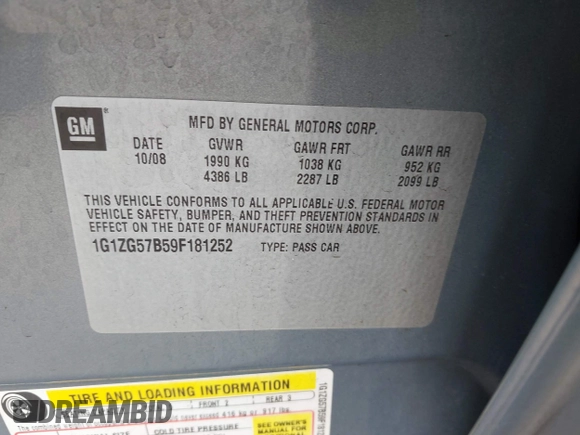 2009 Chevrolet Malibu 1LS with VIN 1G1ZG57B59F181252, listed as a IAAI auction lot 41916730 with 61,394 mi miles and . Bid and sale history available at DreamBid. Image 9.