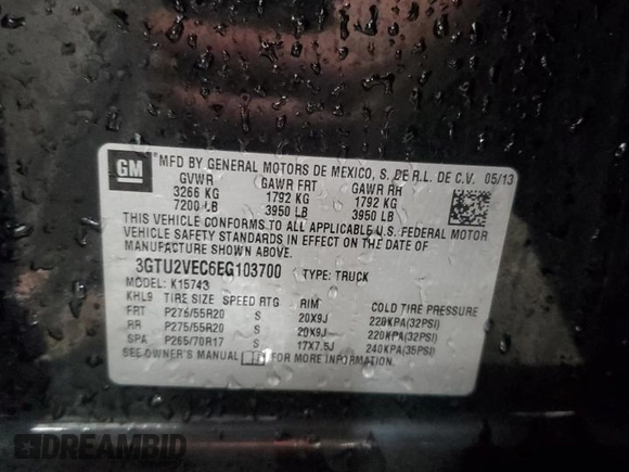 2014 GMC Sierra 1500 SLT with VIN 3GTU2VEC6EG103700, listed as a Copart auction lot 44943665 with 141,004 mi miles and Salvage Title. Bid and sale history available at DreamBid. Image 13.