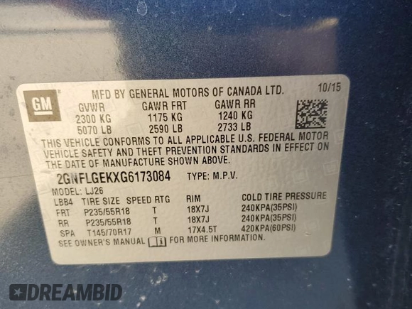 2016 Chevrolet Equinox LTZ with VIN 2GNFLGEKXG6173084, listed as a Copart auction lot 49096495 with 173,177 mi miles and Salvage Title. Bid and sale history available at carsss.com. Image 14.