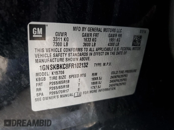 2015 Chevrolet Tahoe LT z VIN 1GNSKBKC8FR102132, wystawiony jako Copart lot #52528575 z przebiegiem 210 201 mil mil oraz Szkoda całkowita • Salvage title. Historia ofert i sprzedaży dostępna na DreamBid. Obrazek 13.